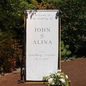 Hanging Wedding Welcome Sign, Personalized Linen Fabric Banner with Ribbon Ties for Arch, Arbor or Ceremony Backdrop image 9