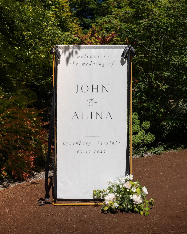 Hanging Wedding Welcome Sign, Personalized Linen Fabric Banner with Ribbon Ties for Arch, Arbor or Ceremony Backdrop image 9