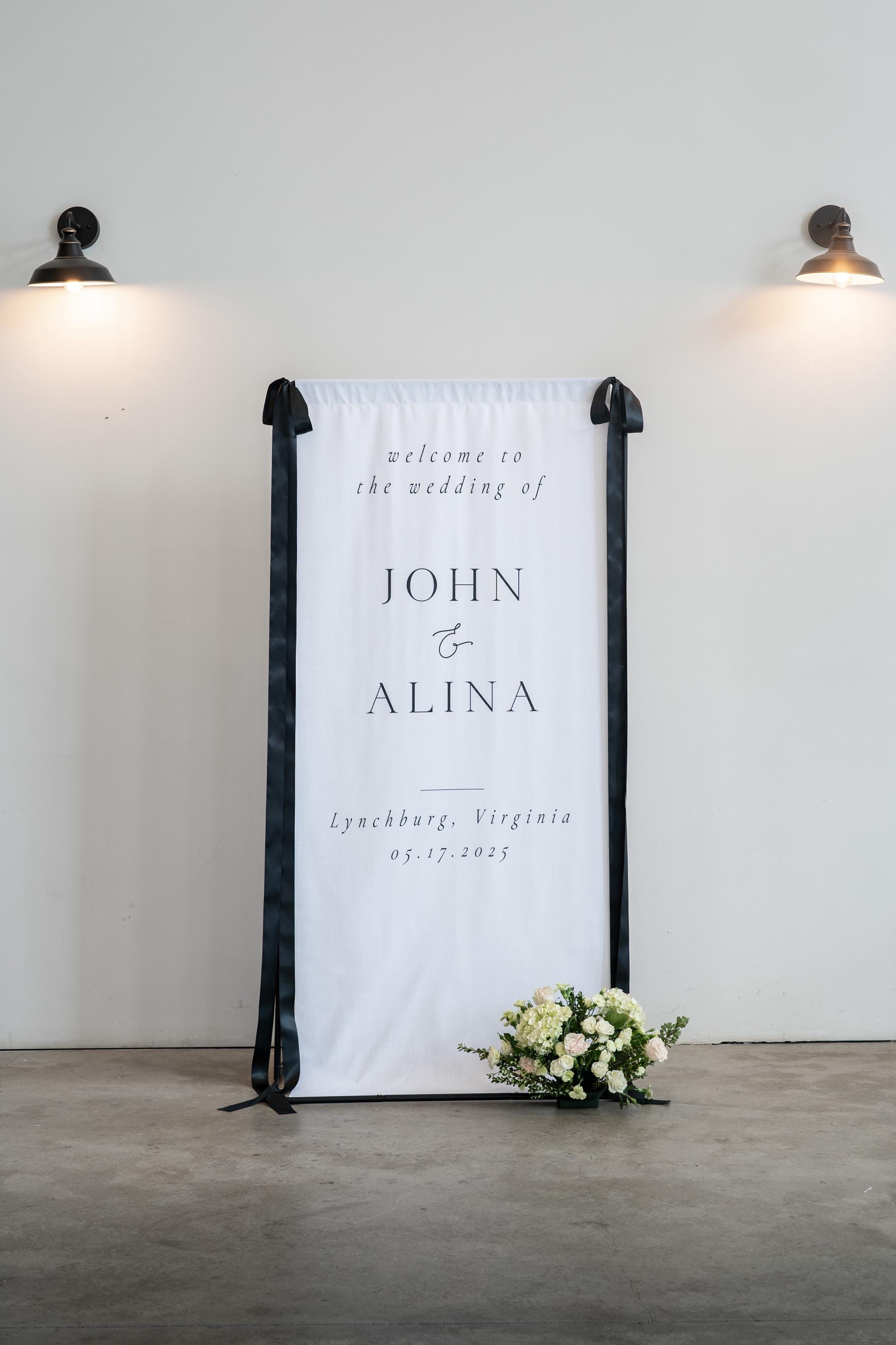 Floor Length Fabric Wedding Welcome Sign, Puddled Linen Banner