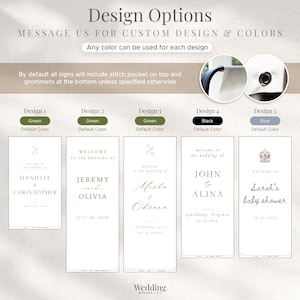 May include: A sign design options chart featuring five vertical rectangular templates with customizable text and colors. The chart includes text instructions, a detail view of a top stitch pocket and bottom grommets, and the brand name Wedding Minimalist.