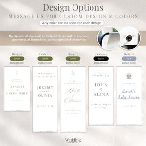 K&ouml;nnte beinhalten: Eine Pr&auml;sentation von Designoptionen f&uuml;r Hochzeitsschilder. Die Schilder sind wei&szlig; mit Text- und Designelementen in Gr&uuml;n, Schwarz und Blau. Der Text enth&auml;lt Namen, Daten und den Satz "Willkommen zur Hochzeit von". Das Bild enth&auml;lt auch den Text "Designoptionen".