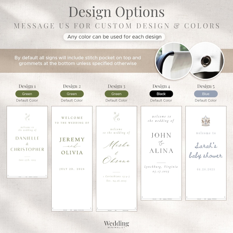 K&ouml;nnte beinhalten: Eine Pr&auml;sentation von Designoptionen f&uuml;r Hochzeitsschilder. Die Schilder sind wei&szlig; mit Text- und Designelementen in Gr&uuml;n, Schwarz und Blau. Der Text enth&auml;lt Namen, Daten und den Satz "Willkommen zur Hochzeit von". Das Bild enth&auml;lt auch den Text "Designoptionen".