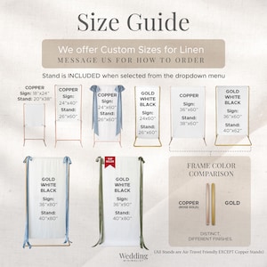May include: A size guide infographic for wedding signage and stands. It displays various dimensions in inches for copper and gold frames, including options for custom linen sizes, frame color comparisons, and notes on air-travel friendly stands.