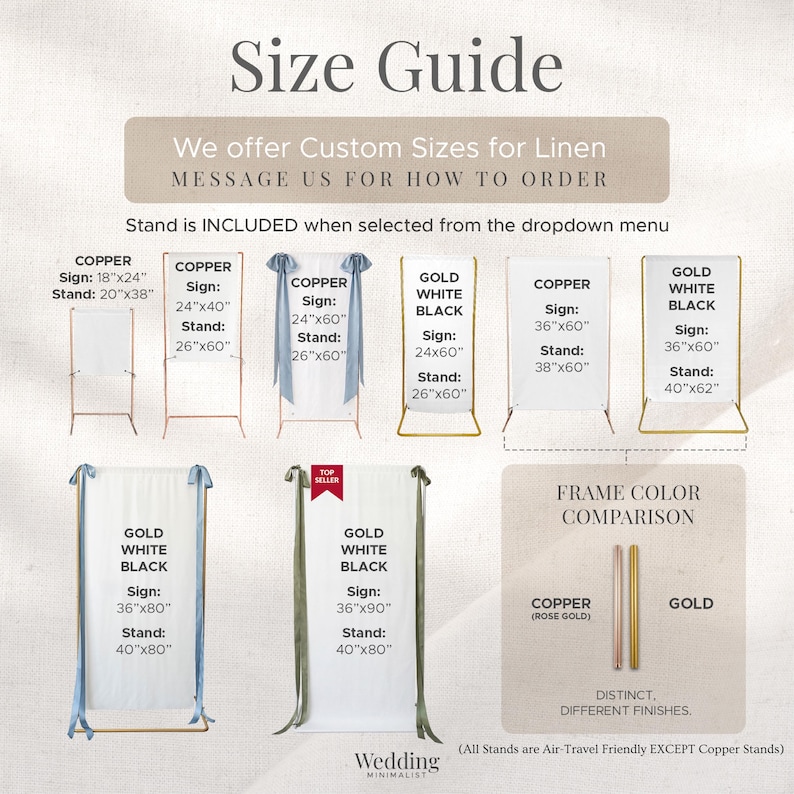 May include: A size guide infographic for wedding signage and stands. It displays various dimensions in inches for copper and gold frames, including options for custom linen sizes, frame color comparisons, and notes on air-travel friendly stands.