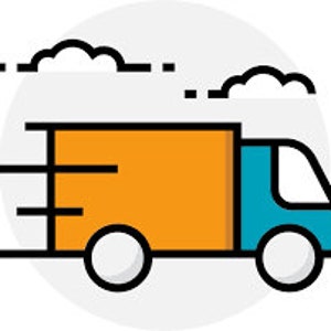 May include: A blue and orange delivery truck with a white box on the back. The truck is driving on a white background with clouds.