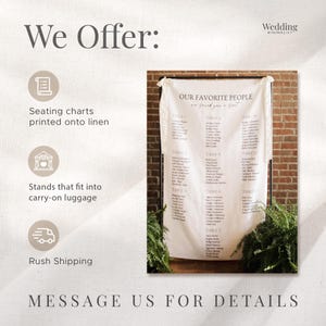 K&ouml;nnte beinhalten: Ein wei&szlig;es Tischtuch mit dem Text "OUR FAVORITE PEOPLE we loved you a seat" vor einer Backsteinmauer. Die Tabelle listet Namen unter den Tischnummern auf. Das Bild zeigt auch Text mit der Aufschrift "We Offer: Seating charts printed onto linen, Stands that fit into carry-on luggage, Rush Shipping."