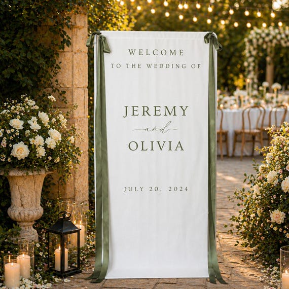 Hanging Wedding Welcome Sign, Personalized Linen Fabric Banner