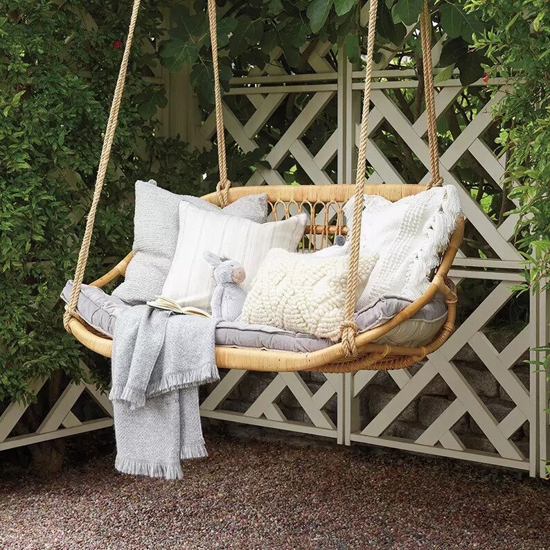 Bamboo Natural Cane Rattan Hanging Swing Chair Etsy