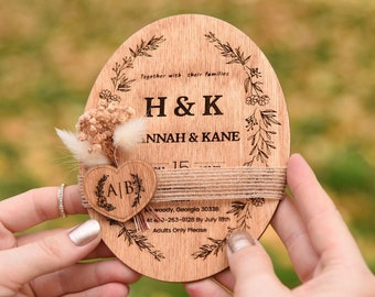 Floral Wooden Wedding Invitation: Hand-Painted Birch Wood, Rustic Charm
