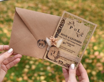 Rustic Wooden Floral Wedding Invitations with Gypsophila Flowers, Hand Painted Wood Invitation 4" x 6" (10x15) cm 100% Birch Tree