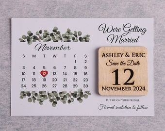 Wedding Save The Date Card & Wooden Magnet, Rustic Wooden Save The Date Card Magnet -  Eucalyptus Greenery Save The Date Calendar