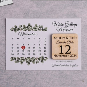 Save The Date Card & Wooden Magnet, Rustic Wooden Save The Date Card Magnet -  Eucalyptus Greenery Save The Date Calendar