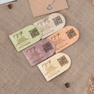 Wooden RSVP Cards for Wedding with QR Code, Oval Design Rustic Hand-Painted Wood Rsvp with Kraft Envelope  %100 Real Birch Wood