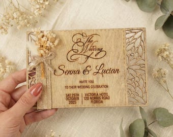 Wooden Floral Wedding Invitations, Hand Painted Wood Invitation with Kraft Envelopes and Clear Labels