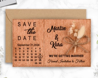 Floral Rustic Wooden Save the Date Magnet – Engraved Calendar Design, Kraft Envelope & Custom Label