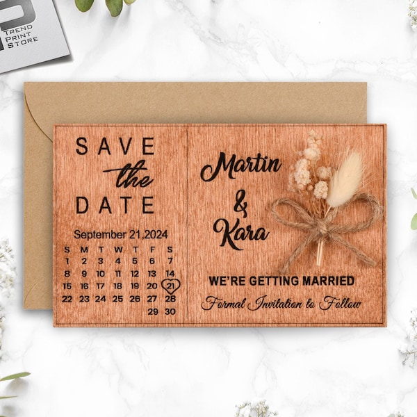 Save the Date Magnet & Kraft Envelope, Wooden Save The Dates With Calender, 3.1"x 5.1" - 8cm x 13cm