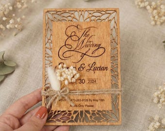 Rustic Floral Wedding Invitation – Wooden Invitation with Gypsophila & Jute | 5 Color Options