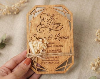 Wooden Wedding Invitations: Gypsophila Flowers, Rustic Boho Charm