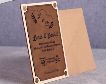 Leather & Wooden Elegant Wedding Invitations, Wedding Card with Kraft Envelope, %100 Birch Wood and Faux Leather, 4"x6" - 10x15 cm