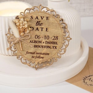 Houten Save The Date-magneet, aangepaste handgeschilderde magneten met kraftenveloppen en zegellabels, 4 x 4 inch, magneet van 100% echt berkenhout