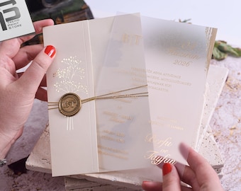 Conjunto de invitación de boda de acrílico de lámina de oro con cubierta de marfil, elegante invitación de acrílico esmerilado, invitaciones personalizadas - sello de cera adhesivo - cuerda