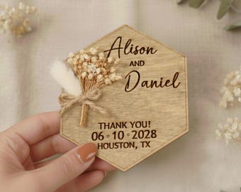 Personalized Wooden Wedding Guest Favor Magnets | Custom Thank You Gifts with Dried Flowers