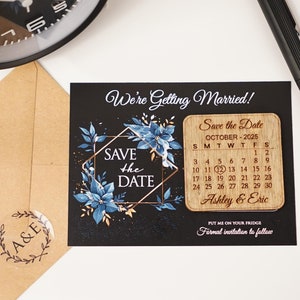 Schwarze Blume Save the Date Karte & Holzmagnet, Hochzeitsmagneten aus Holz, zusammen mit Kraftpapier Umschlägen und durchsichtigen Etiketten