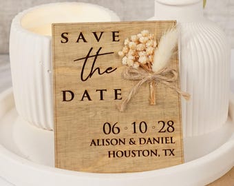 Wooden Floral Save the Date Magnet – Rustic Birch Design with Gypsophila & Kraft Envelope