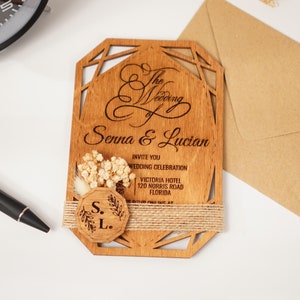 Personalisierte Hochzeitseinladung aus Holz, rustikale Hochzeitseinladung mit Kraftpapier-Umschlag, 10x15 cm, 5 verschiedene Farboptionen