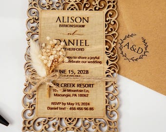 Rustic Wooden Wedding Invitations: Birch Wood, Dried Gypsophila, Kraft Envelopes