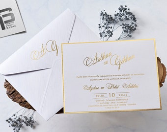 Einfaches elegantes minimalistisches Hochzeitseinladungs-Set mit selbstklebendem Wachssiegel, Gold / Silber / Rosegold-Einladungskarte