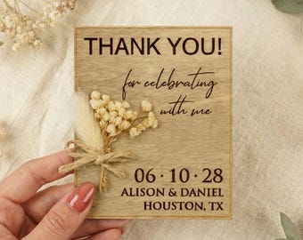 Rustic Wooden Wedding Favors for Guests in Bulk, Dried Gypsophila, Personalized Stickers, Kraft Envelopes