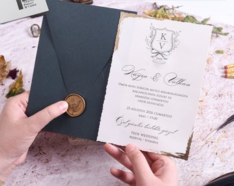 Elegante Hochzeitseinladung und grüner Umschlag, Hochzeitseinladungskarte mit Goldfolienbedrucktem Wellenrand, selbstklebendem Wachssiegel, RSVP-Karten