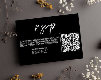 Niestandardowe czarne karty RSVP na ślub: złota folia, kod QR (3,9” x 5,3”)
