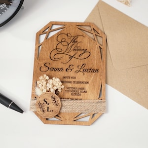 Personalized Wooden Wedding Invitation, Floral Rustic Wedding Invitation with Kraft Envelope, 4&quot;x6&quot; (10x15) cm, 5 Different Color Options