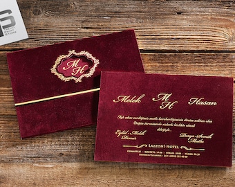 Luxus Samt Hochzeitseinladung Set Goldfolie, Hardcover Burgund Hochzeitskarte und Umschlag, RSVP Karten