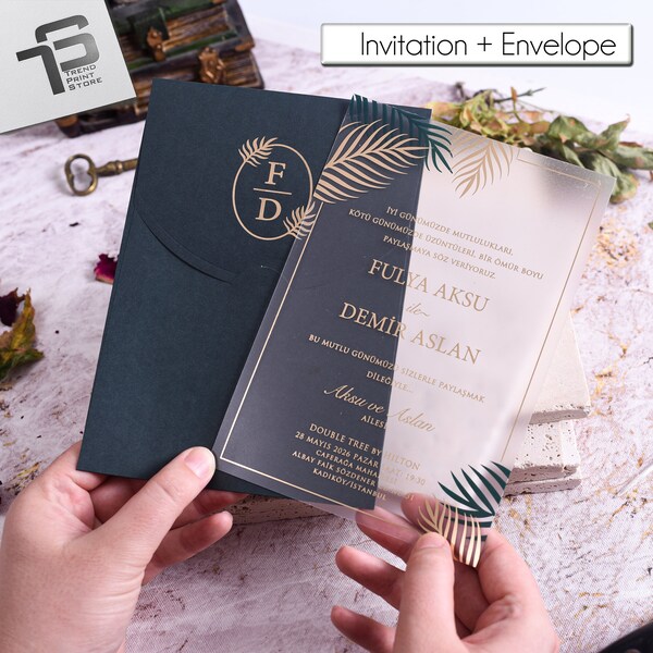 Greenery Acrylic Wedding Invitation Set Gold Foil, Botanical Invitation Card With Green Envelope, RSVP Cards, Wax Seal