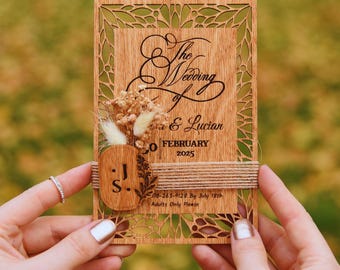 Rustic Wooden Wedding Invitation, Birch with Dried Gypsophila (4x6 inch)