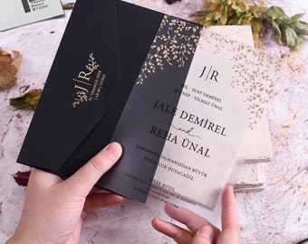 Acryl Gold Hochzeitseinladung, Schwarze und Goldene Einladungskarte mit schwarzem Umschlag, Elegantes Hochzeitsset, Klare Einladung mit Wachssiegel