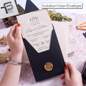 Elegant Wedding Invitation with Black Envelope, Invitation Card and Adhesive Wax Seal | RSVP Cards