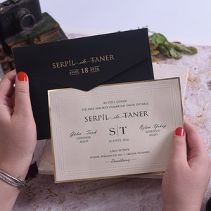 Ivory Elegant Wedding Invitation Set with Gold Foil, Wedding Card and Gold Printed Black Envelope - Adhesive Wax Seal- RSVP Card