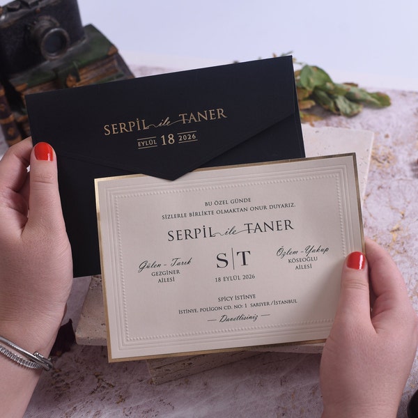Ivory Elegant Wedding Invitation Set with Gold Foil, Wedding Card and Gold Printed Black Envelope - Adhesive Wax Seal- RSVP Card