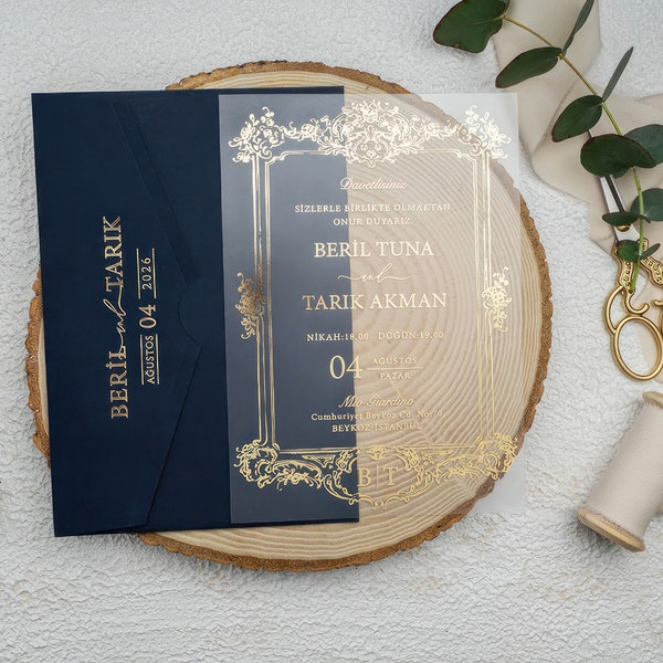 Gold Acrylic Wedding Invitation Set with Navy Blue Envelope, Clear Invitation - Rsvp Cards for Wedding - Adhesive Wax Seal Sticker
