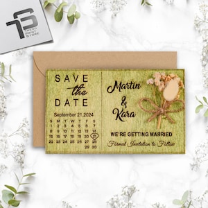 Holz Save the Date Magnet & Kraft Umschlag, Holz Save the Dates mit Kalender, 3,1 "x 5,1" - 8 cm x 13 cm