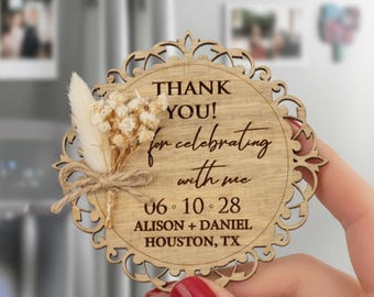 Personalized Wedding Favor Magnets - Rustic Birch Wood with Flowers
