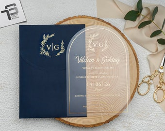 Gold Foil Oval Acrylic Invitation and Navy Blue Envelope - Adhesive Wax Seal Sticker - Rsvp Card with QR