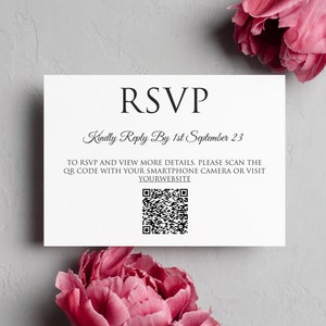 Biglietti RSVP bianchi personalizzati per matrimonio, biglietto RSVP con codice QR, lamina oro rosa/oro/argento, inchiostro nero (3,9” x 5,3” o 10 cm x 13,5 cm)