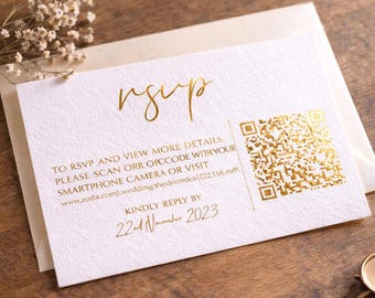Wedding RSVP Card with QR Code:  Black Ink & Foil Reply Cards