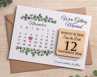 Save the Date Magnet & Card Set, Rustic Eucalyptus Wedding, Personalized Fridge Magnet, Kraft Envelope