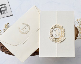 Gatefold Elegant Wedding Invitation Set Gold Foil Printed Hard Cover Ivory Wedding Card, Special Design Textured Trifold Invitation Card